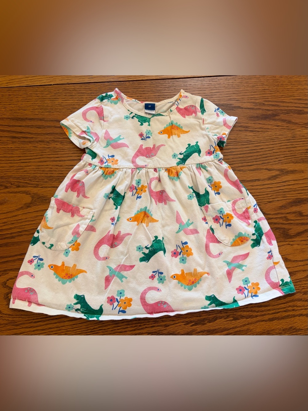 Kids Short Sleeve Cotton Dress with Colorful Dinosaur Print